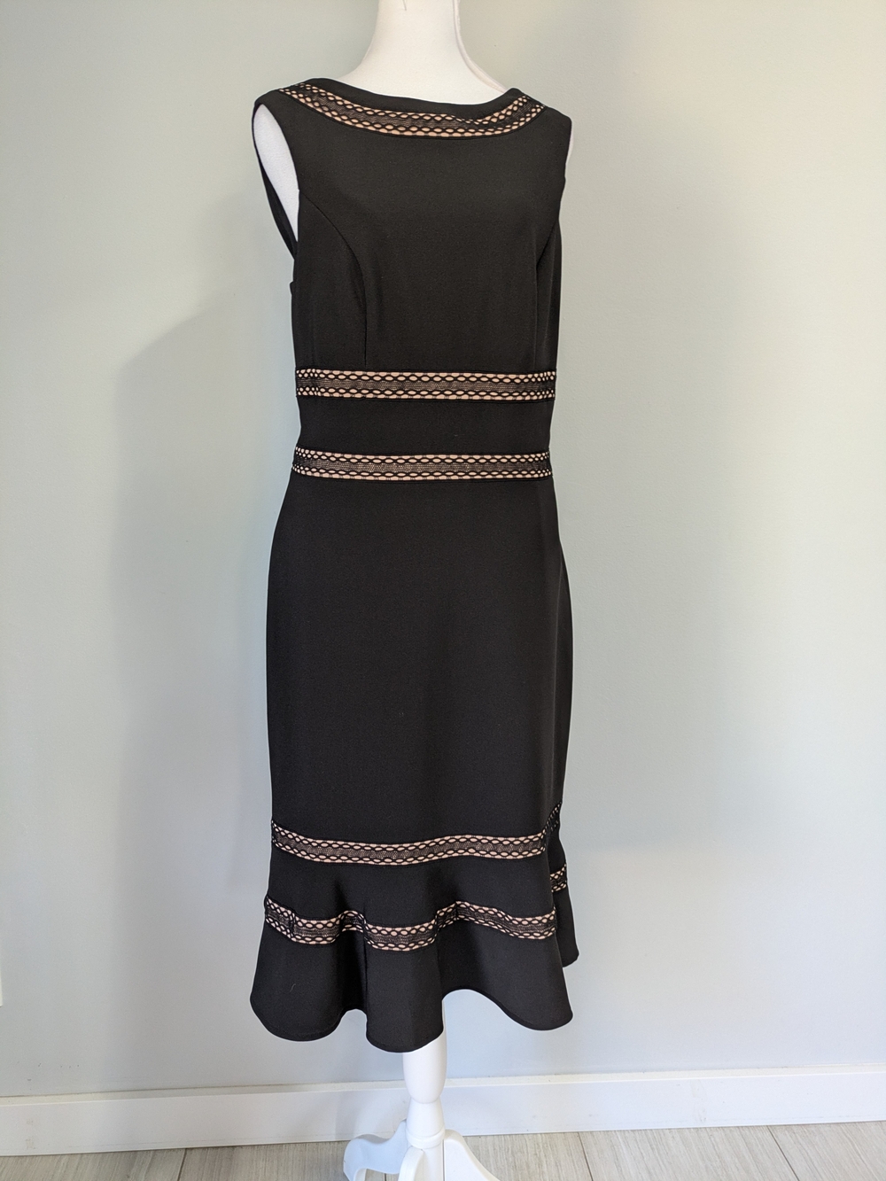 White House Black Market Black Midi Dress with Nude Trim